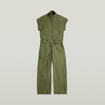 Summer jumpsuit with high waist in green color, featuring short sleeves and long legs.
