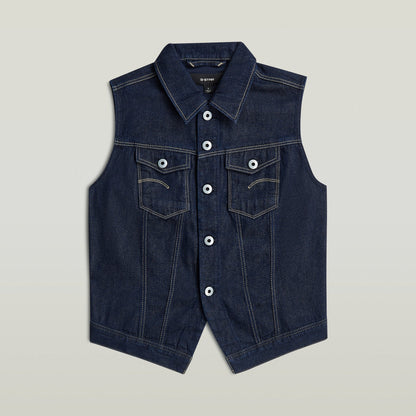 Chaleco Pitched Hem Slim, un slim fit denim vest con cierre de botones y cuello de camisa en color azul oscuro