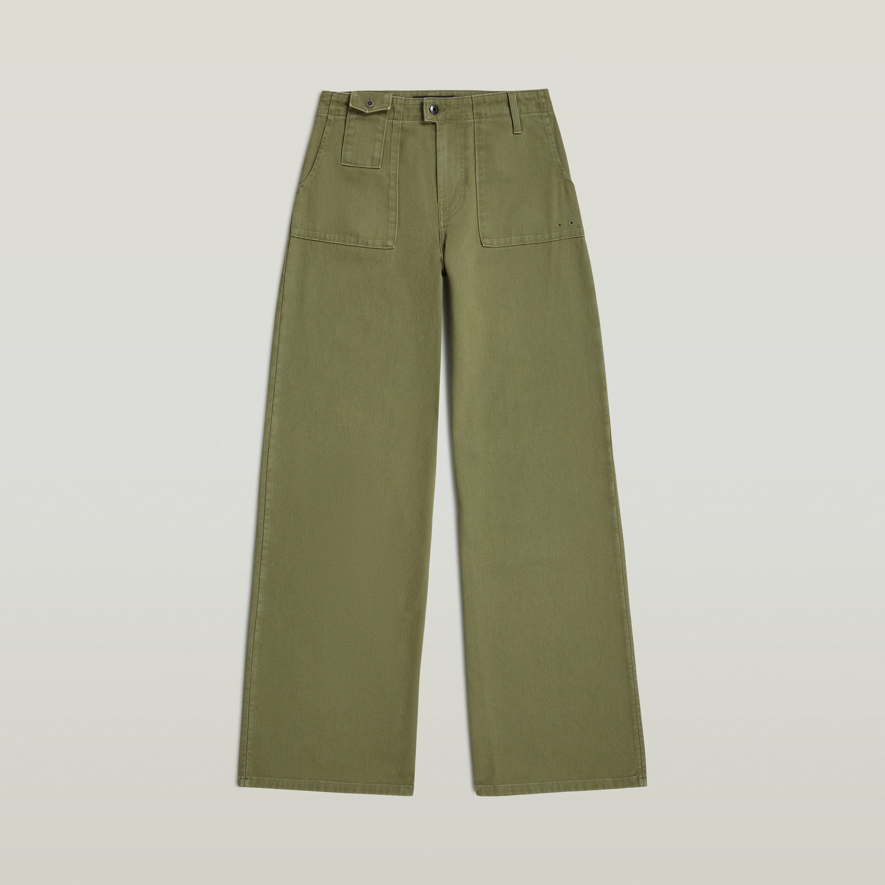high-waisted chino fatigue pants in green color with a classic design and multiple pockets.