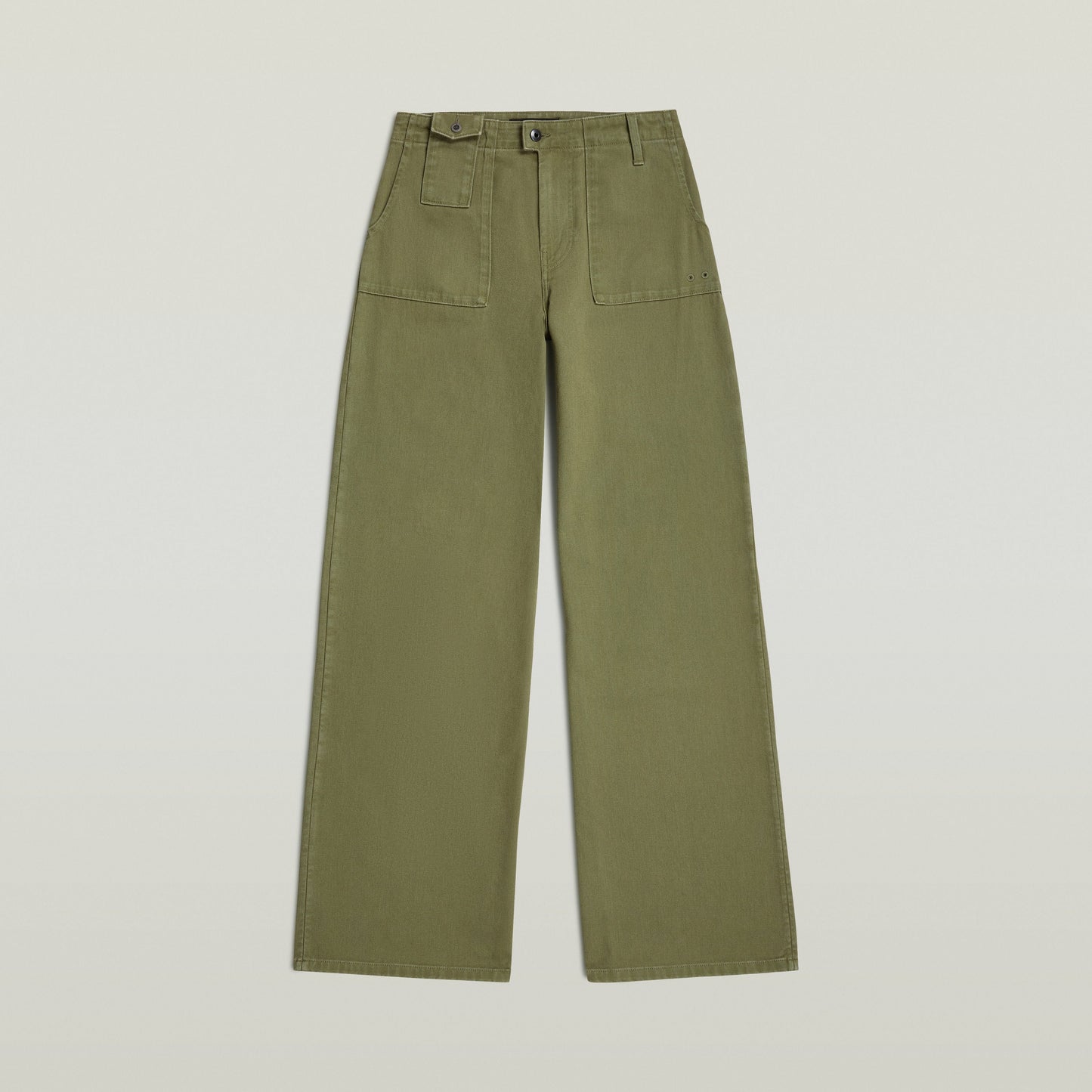 high-waisted chino fatigue pants in green color with a classic design and multiple pockets.