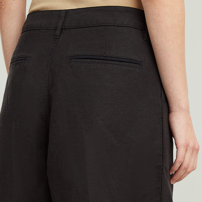 Close-up of the back of black pleated bermuda shorts with neatly stitched pockets.