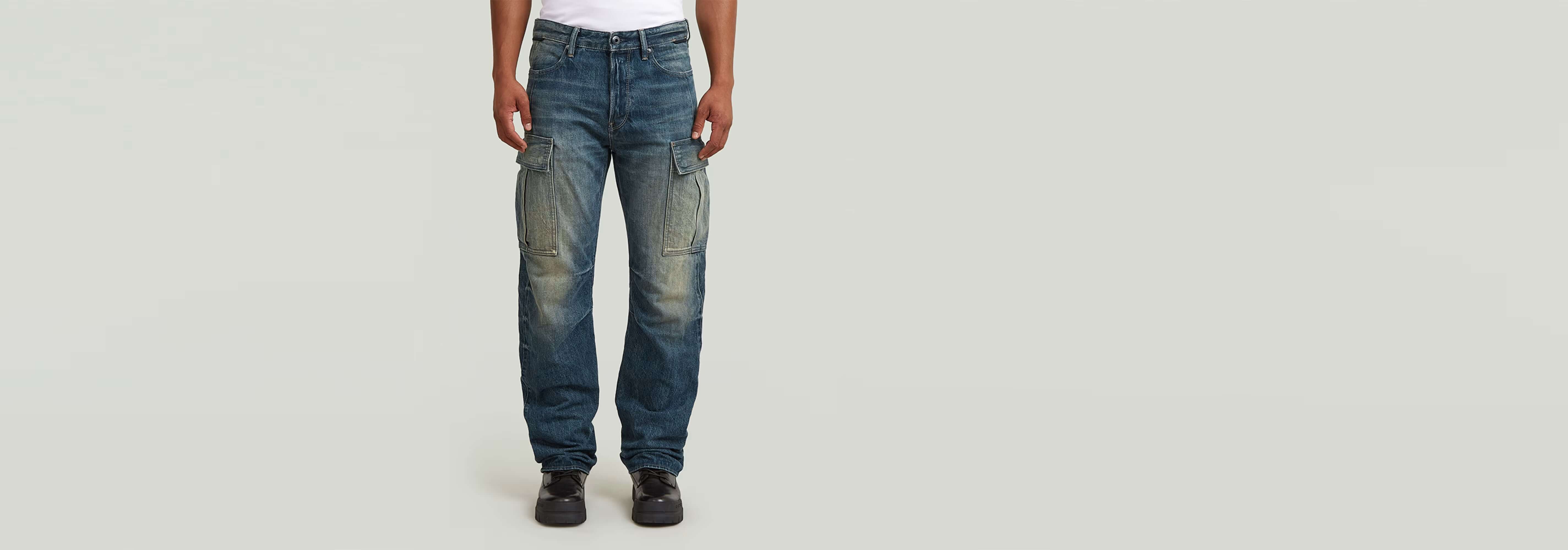 Jeans Contor Regular Cargo, diseño 3D, corte recto, bolsillos cargo, alto ajuste, denim clásico.