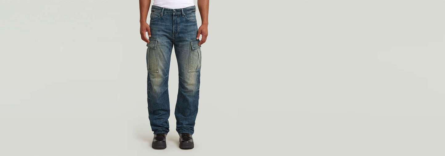 Jeans Contor Regular Cargo, diseño 3D, corte recto, bolsillos cargo, alto ajuste, denim clásico.