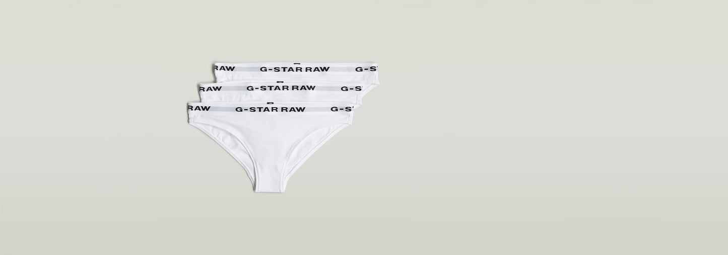 Paquete De Tres Braguitas en color blanco con logotipo G-Star RAW en la cinturilla, suaves y elásticos.