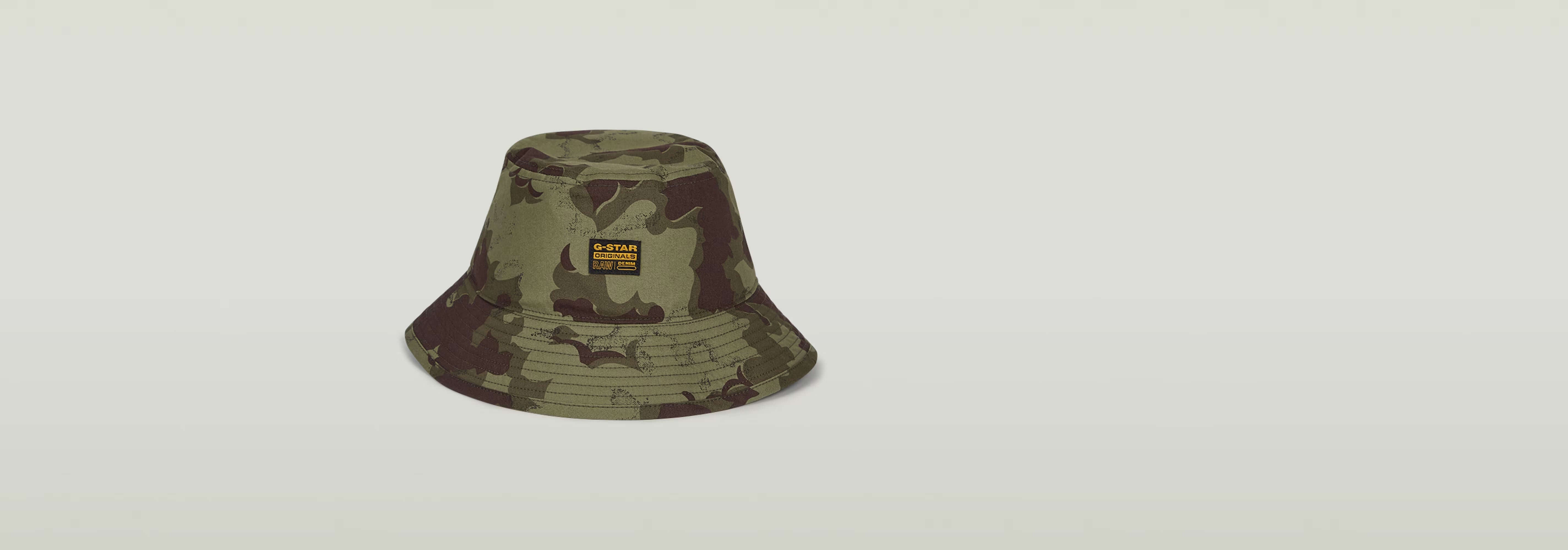 Sombrero de pescador Originals en diseño de camuflaje, fabricado en denim con ala reforzada y etiqueta G-STAR.
